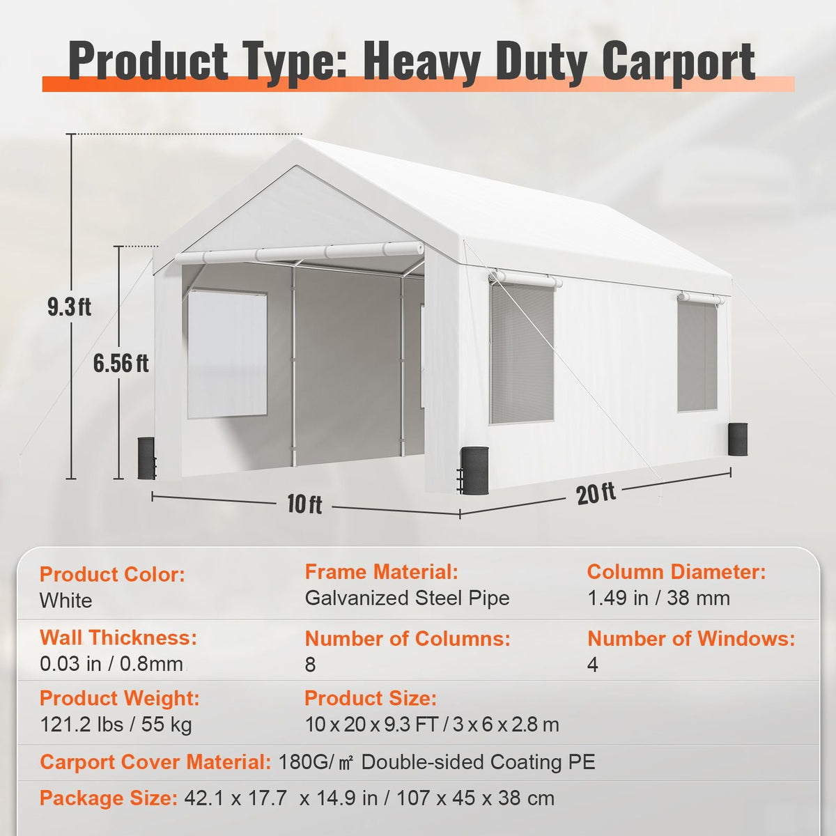 Carport, Heavy Duty 10x20ft Car Canopy, Outdoor Garage Shelter with Removable Sidewalls, Roll-up Ventilated Windows & Doors, UV Resistant Waterproof All-Season Tarp for Car, Truck, Boat, White