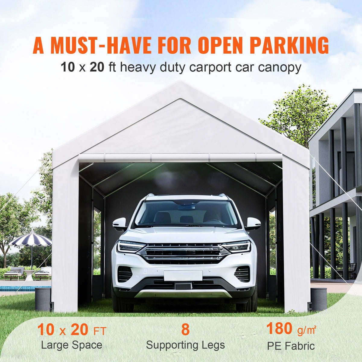 Carport, Heavy Duty 10x20ft Car Canopy, Outdoor Garage Shelter with Removable Sidewalls, Roll-up Ventilated Windows & Doors, UV Resistant Waterproof All-Season Tarp for Car, Truck, Boat, White
