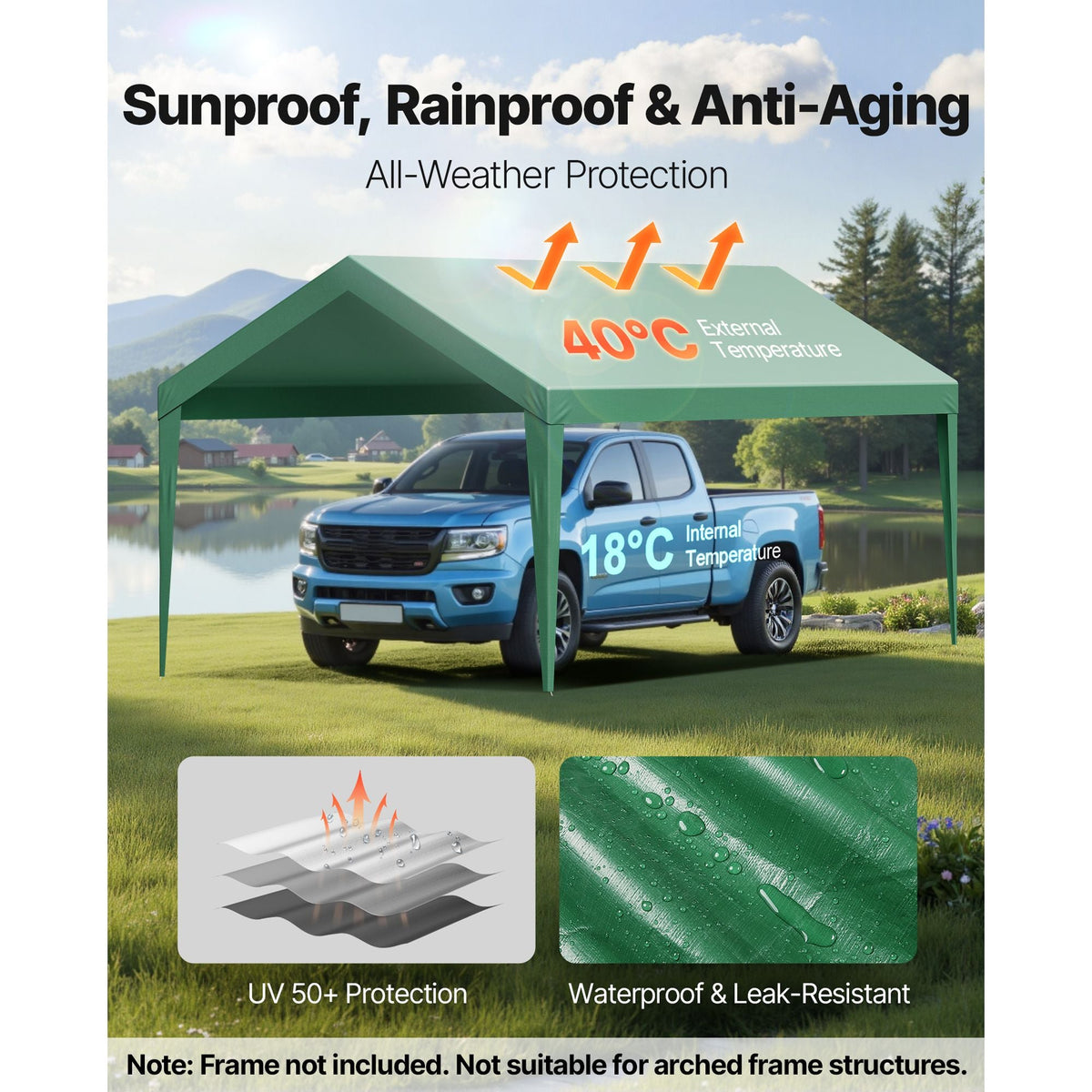 Carport Replacement Canopy, 10 x 20 ft Potable Garage Tent Top Tarp, UV-Resistant & Waterproof Car Shelter Tarp, Heavy Duty Car Port Cover with Ball Buggees, Dark Green, Frame Not Included