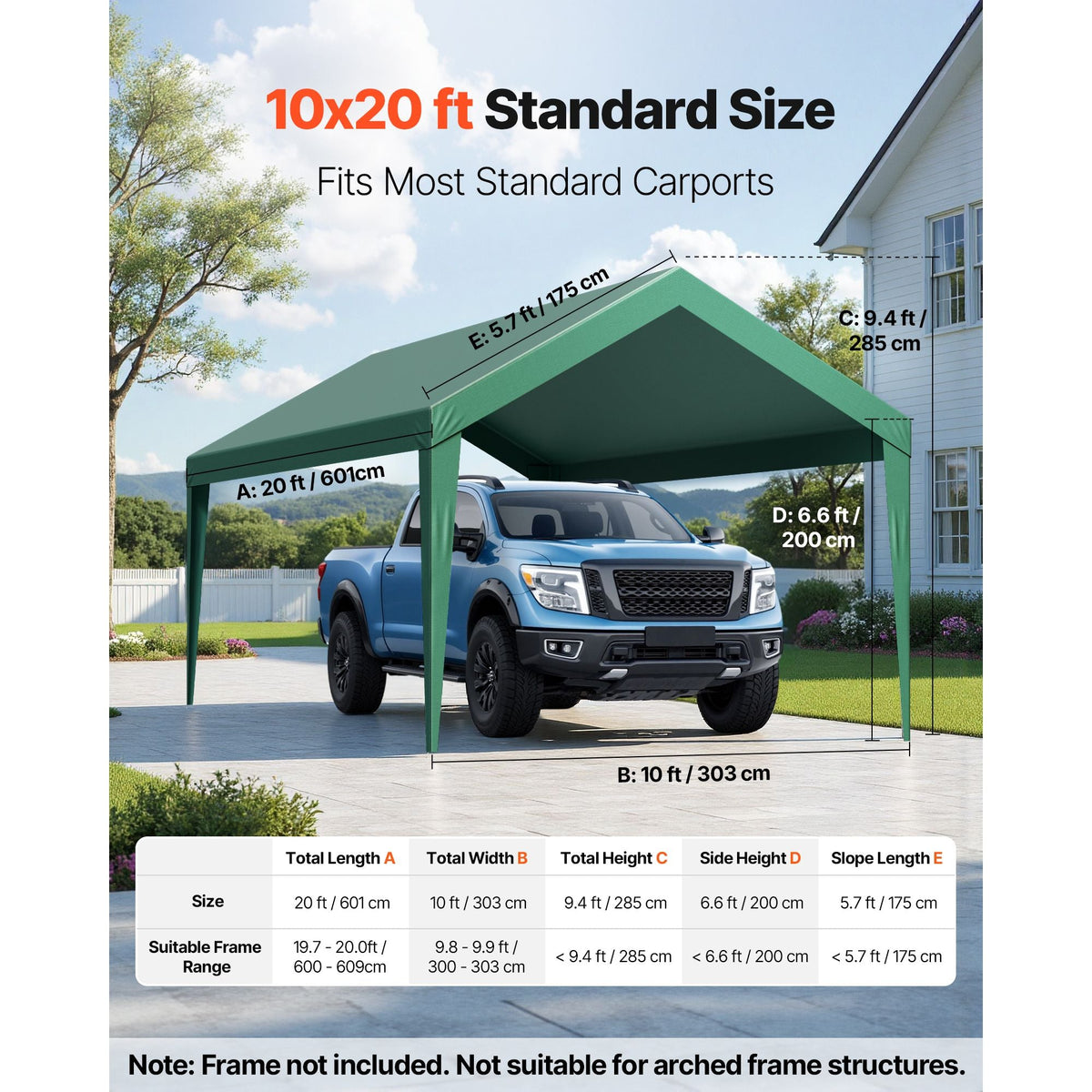 Carport Replacement Canopy, 10 x 20 ft Potable Garage Tent Top Tarp, UV-Resistant & Waterproof Car Shelter Tarp, Heavy Duty Car Port Cover with Ball Buggees, Dark Green, Frame Not Included