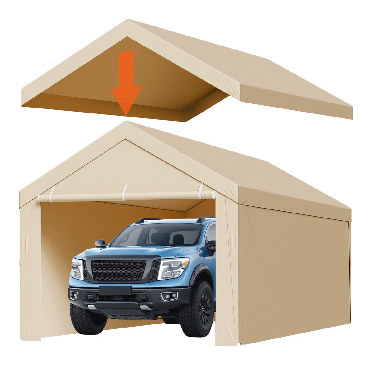 Carport Replacement Canopy, 10 x 20 ft Potable Garage Tent Top Tarp with Sidewalls, UV-Resistant & Waterproof, Heavy Duty Car Shelter Tarp with Ball Buggees, Beige, Frame Not Included