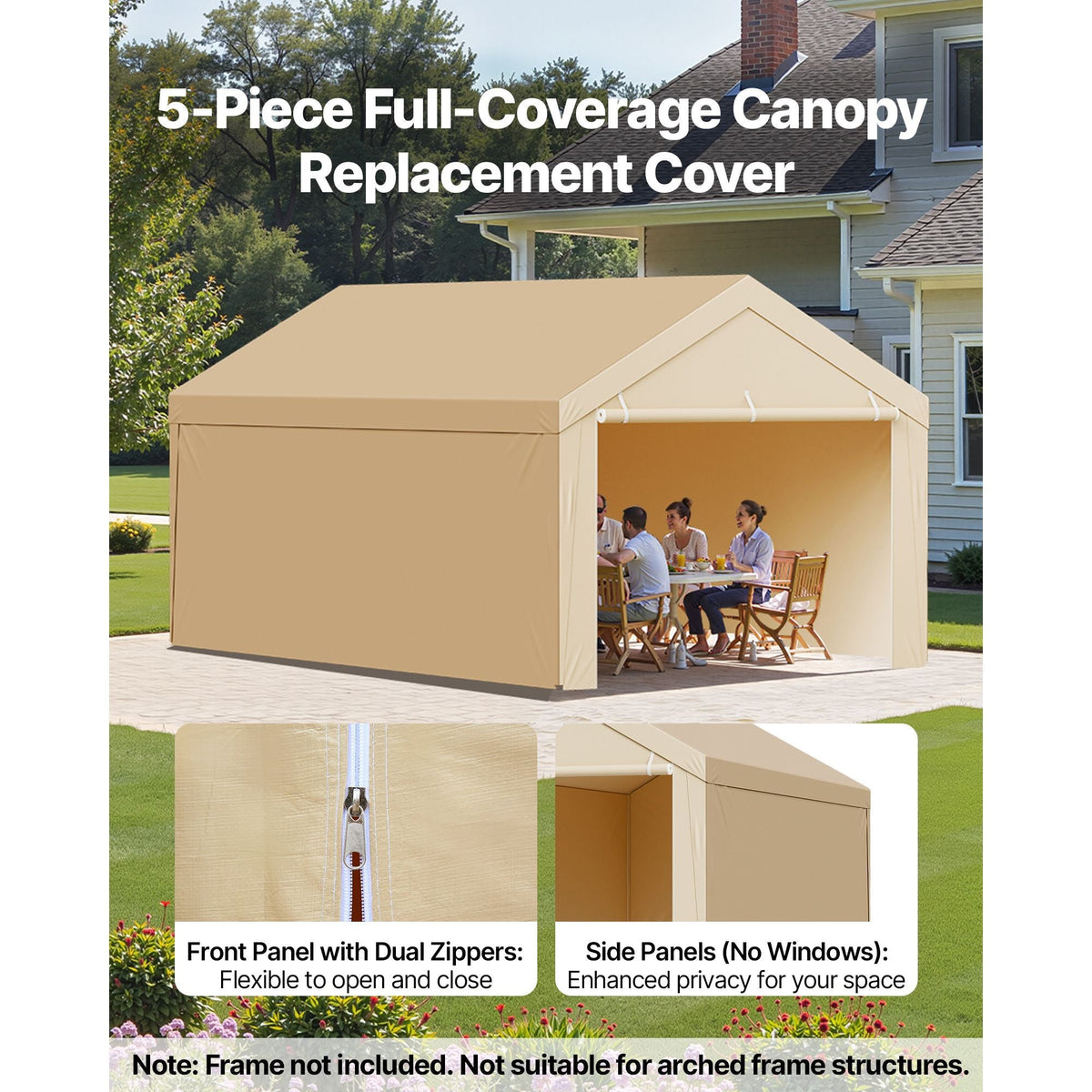 Carport Replacement Canopy, 10 x 20 ft Potable Garage Tent Top Tarp with Sidewalls, UV-Resistant & Waterproof, Heavy Duty Car Shelter Tarp with Ball Buggees, Beige, Frame Not Included