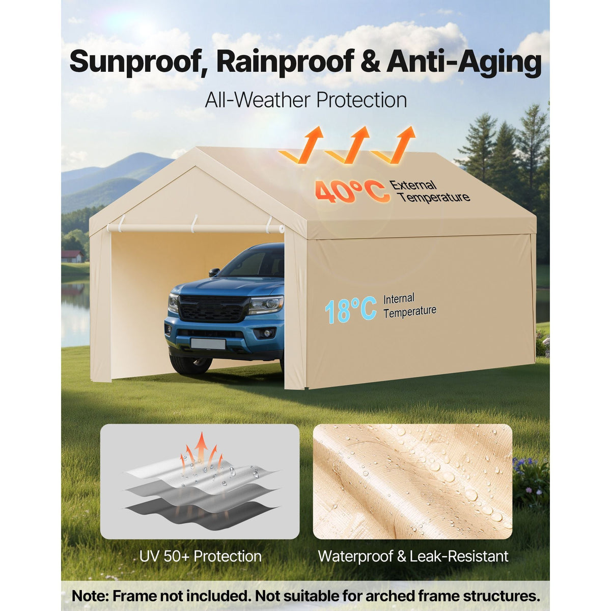 Carport Replacement Canopy, 10 x 20 ft Potable Garage Tent Top Tarp with Sidewalls, UV-Resistant & Waterproof, Heavy Duty Car Shelter Tarp with Ball Buggees, Beige, Frame Not Included