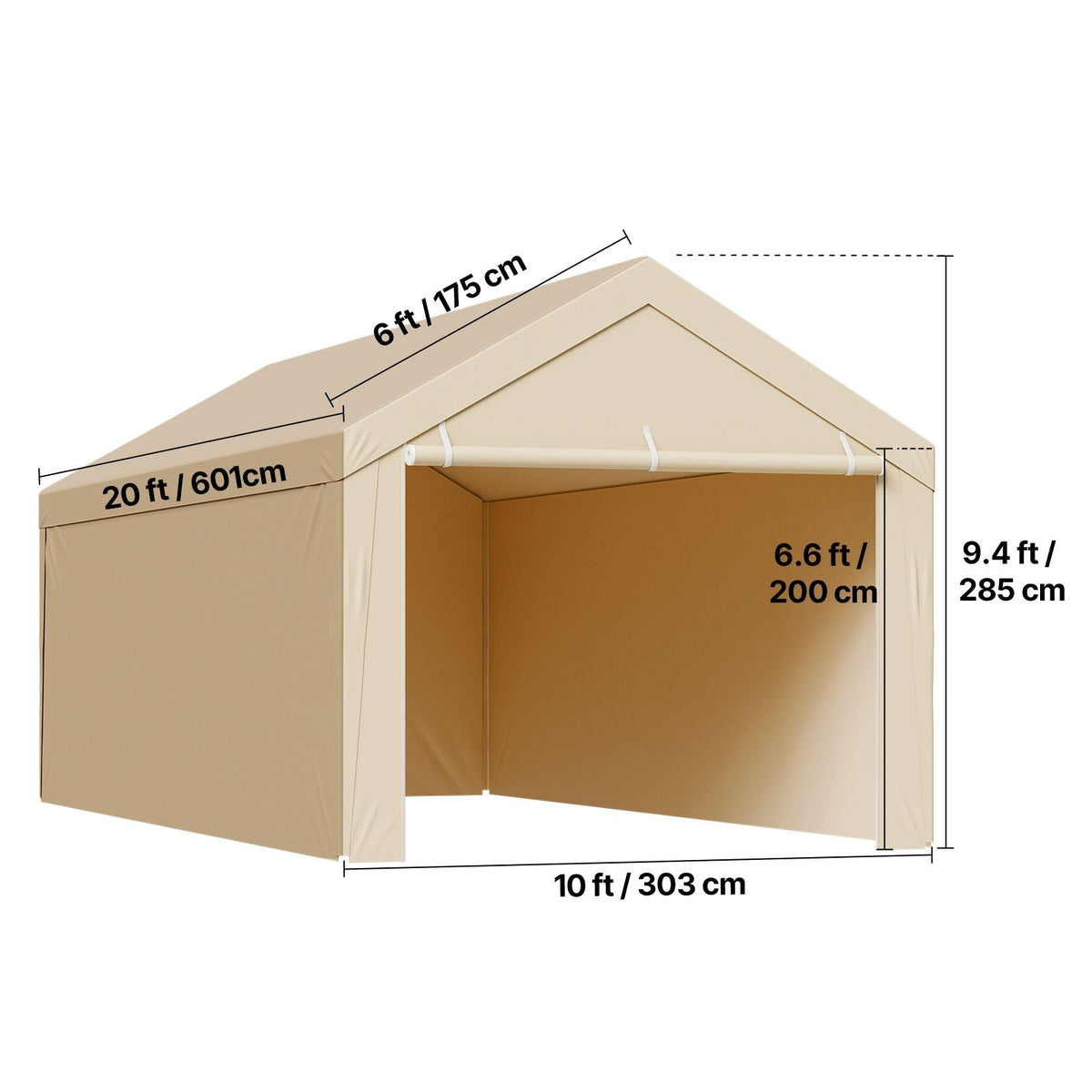 Carport Replacement Canopy, 10 x 20 ft Potable Garage Tent Top Tarp with Sidewalls, UV-Resistant & Waterproof, Heavy Duty Car Shelter Tarp with Ball Buggees, Beige, Frame Not Included