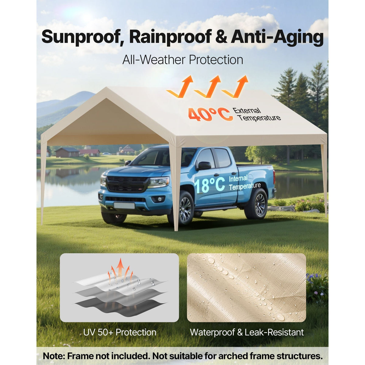 Carport Replacement Canopy, 12 x 20 ft Potable Garage Tent Top Tarp, UV-Resistant & Waterproof Car Shelter Tarp, Heavy Duty Car Port Cover with Ball Buggees, Beige, Frame Not Included