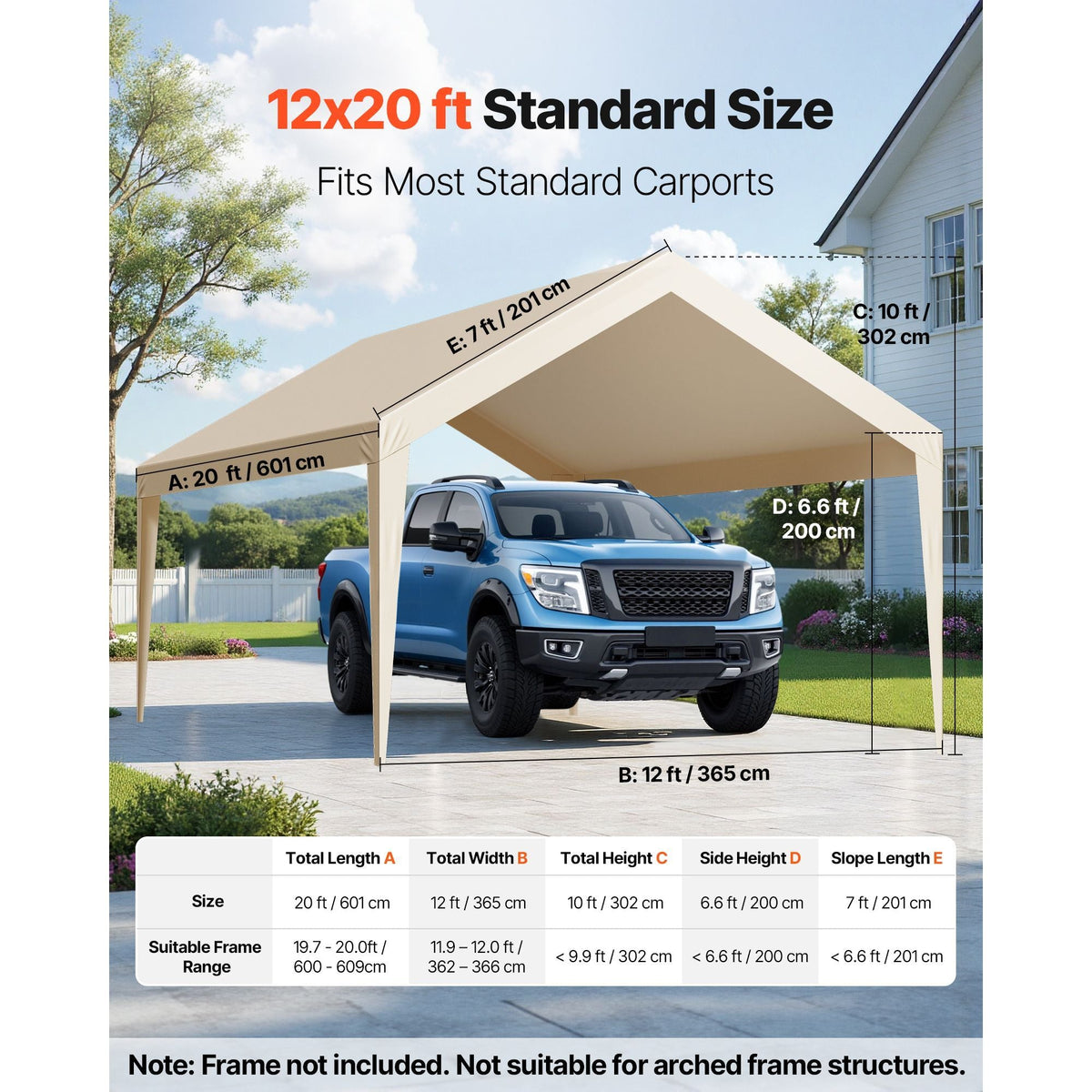 Carport Replacement Canopy, 12 x 20 ft Potable Garage Tent Top Tarp, UV-Resistant & Waterproof Car Shelter Tarp, Heavy Duty Car Port Cover with Ball Buggees, Beige, Frame Not Included