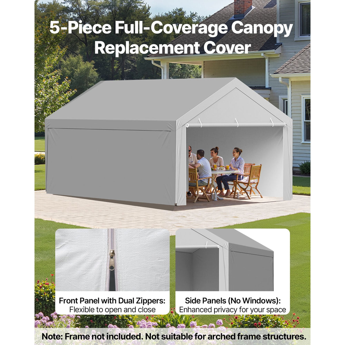 Carport Replacement Canopy, 12 x 20 ft Potable Garage Tent Top Tarp with Sidewalls, UV-Resistant & Waterproof, Heavy Duty Car Shelter Tarp with Ball Buggees, Grey, Frame Not Included