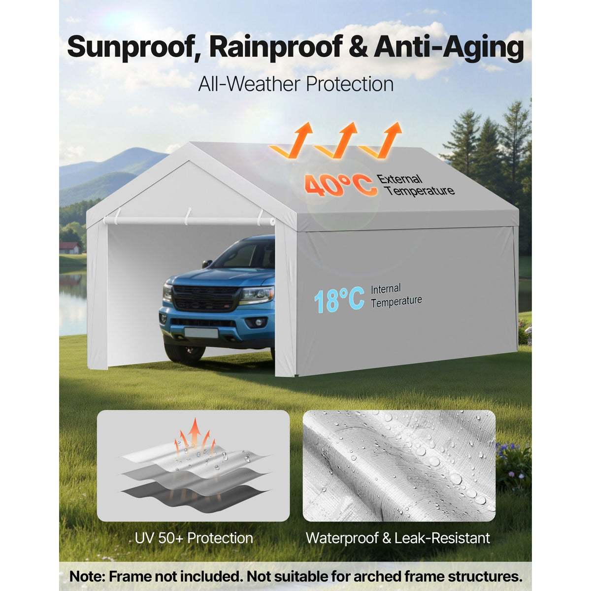 Carport Replacement Canopy, 12 x 20 ft Potable Garage Tent Top Tarp with Sidewalls, UV-Resistant & Waterproof, Heavy Duty Car Shelter Tarp with Ball Buggees, Grey, Frame Not Included