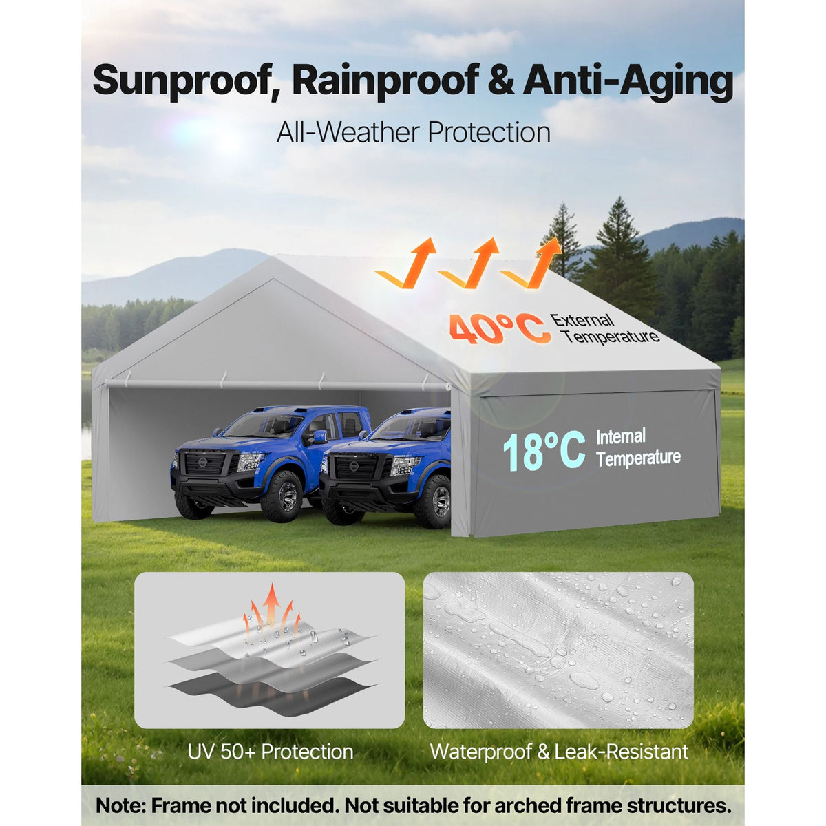 Carport Replacement Canopy, 20 x 20 ft Potable Garage Tent Top Tarp with Sidewalls, UV-Resistant & Waterproof, Heavy Duty Car Shelter Tarp with Ball Buggees, Grey, Frame Not Included