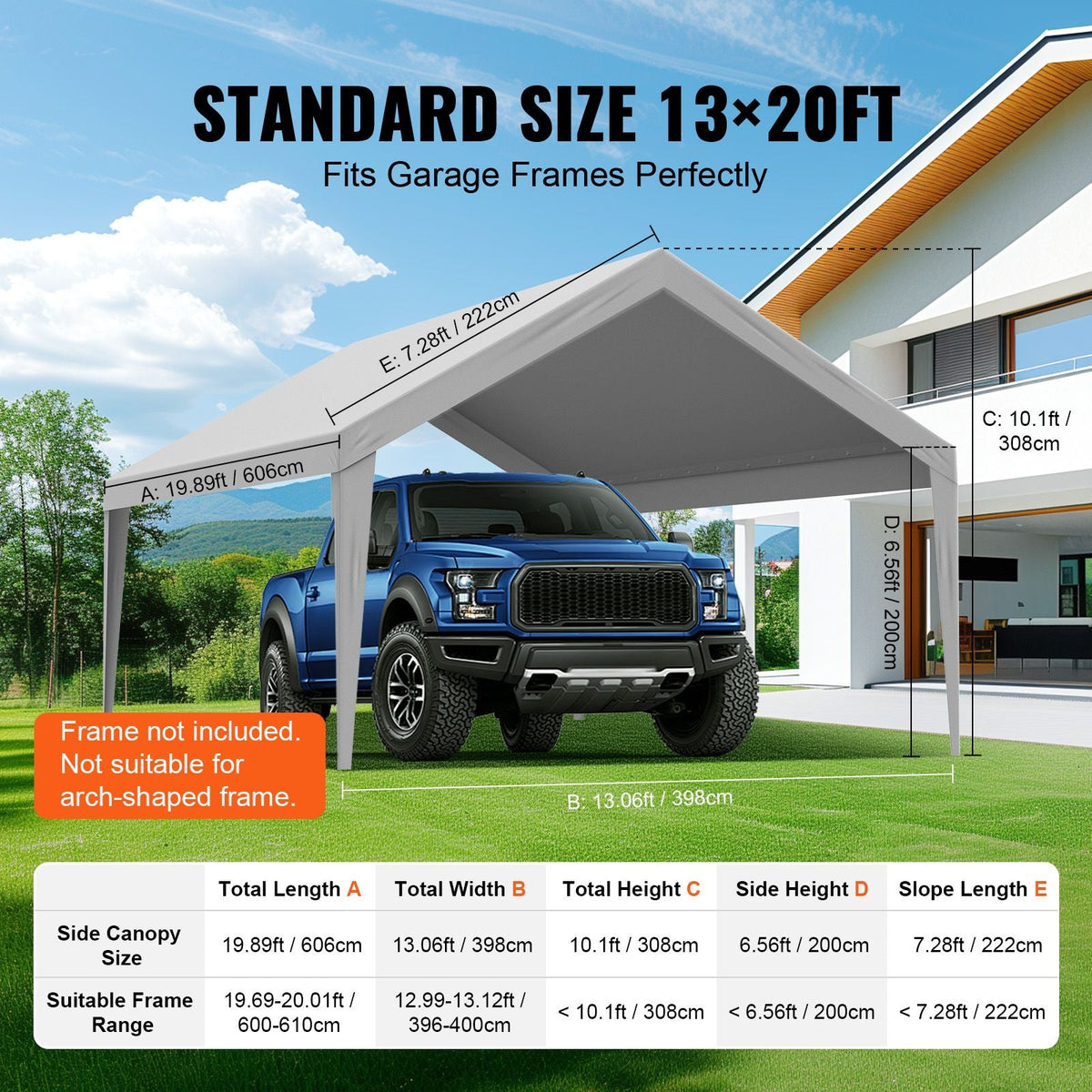 Carport Replacement Canopy Cover 13 x 20 ft, Garage Top Tent Shelter Tarp Heavy-Duty Waterproof & UV Protected, Easy Installation with Ball Bungees,Grey (Only Top Cover, Frame Not Include)