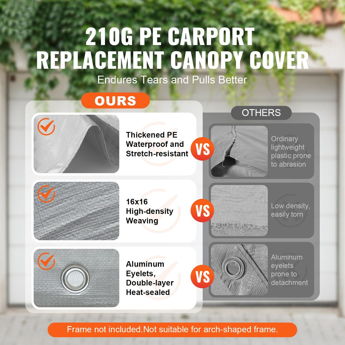 Carport Replacement Canopy Cover 13 x 20 ft, Garage Top Tent Shelter Tarp Heavy-Duty Waterproof & UV Protected, Easy Installation with Ball Bungees,Grey (Only Top Cover, Frame Not Include)
