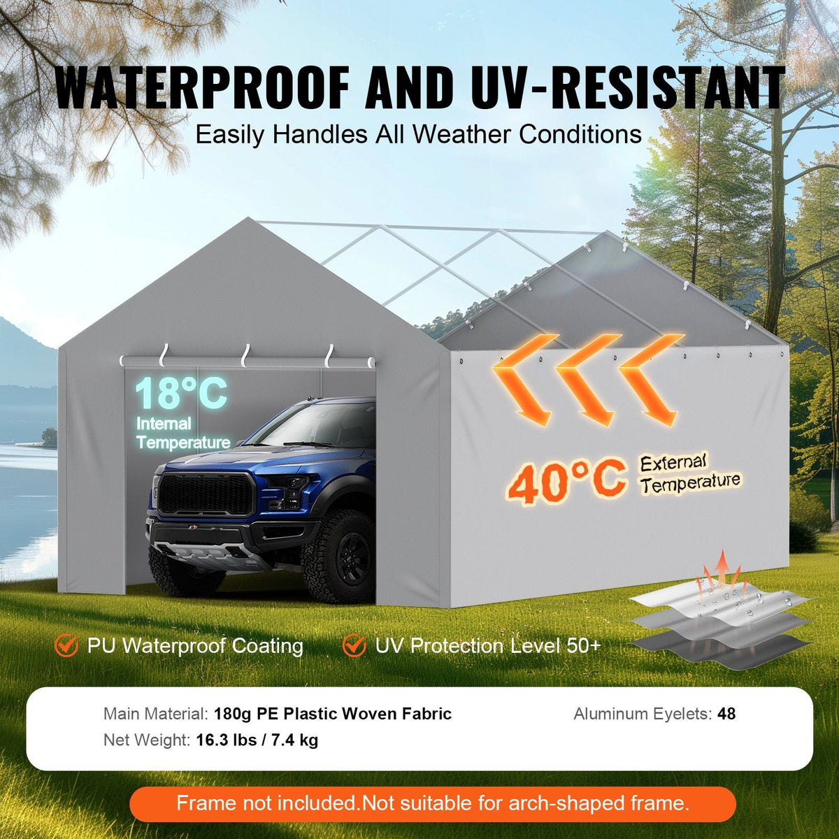 Carport Replacement Canopy Cover Side Wall 12 x 20 ft, Garage Tent Shelter Tarp Heavy-Duty Waterproof & UV Protected, Easy Installation with Ball Bungees,Grey (Top and Frame Not Included)