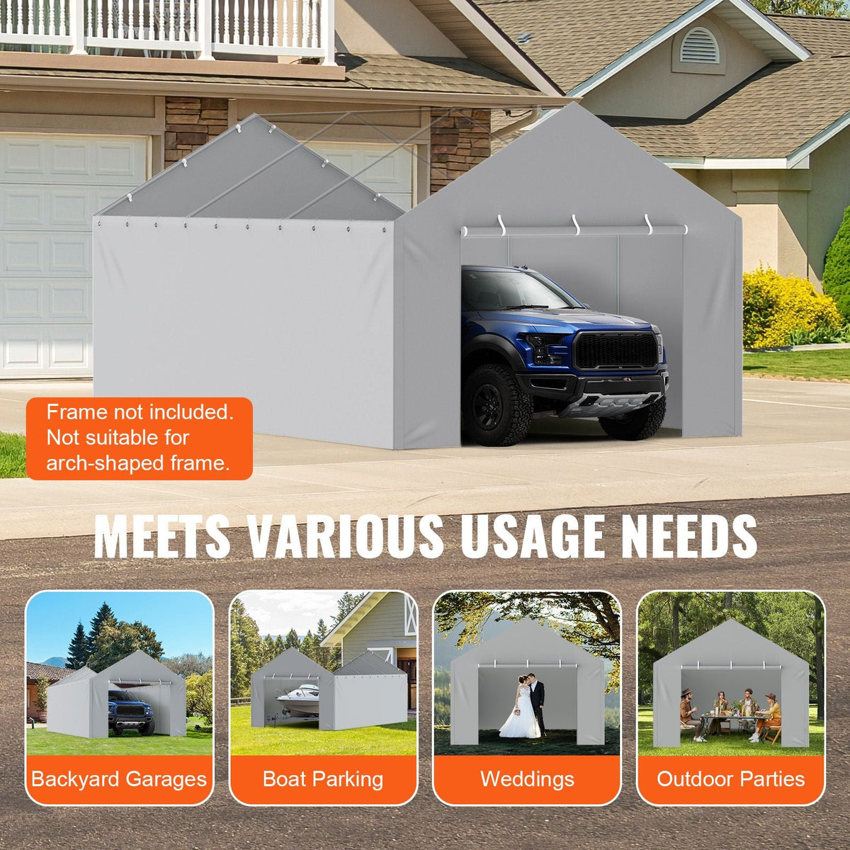 Carport Replacement Canopy Cover Side Wall 12 x 20 ft, Garage Tent Shelter Tarp Heavy-Duty Waterproof & UV Protected, Easy Installation with Ball Bungees,Grey (Top and Frame Not Included)
