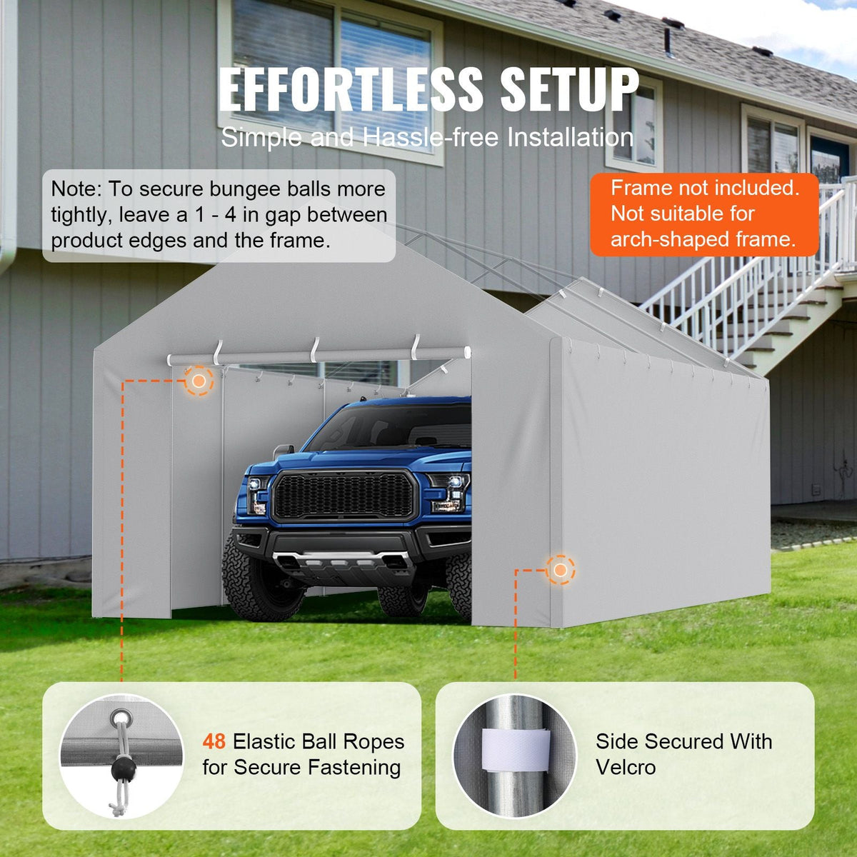 Carport Replacement Canopy Cover Side Wall 12 x 20 ft, Garage Tent Shelter Tarp Heavy-Duty Waterproof & UV Protected, Easy Installation with Ball Bungees,Grey (Top and Frame Not Included)