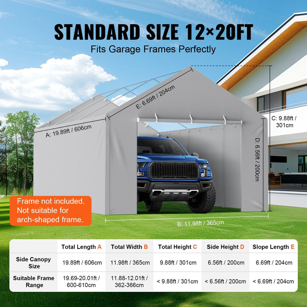 Carport Replacement Canopy Cover Side Wall 12 x 20 ft, Garage Tent Shelter Tarp Heavy-Duty Waterproof & UV Protected, Easy Installation with Ball Bungees,Grey (Top and Frame Not Included)