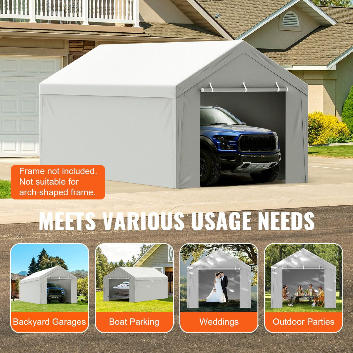Carport Replacement Canopy Cover Top + Side Wall 10 x 20 ft, Garage Tent Shelter Tarp Heavy-Duty Waterproof & UV Protected, Easy Installation with Ball Bungees,Grey (Frame Not Included)