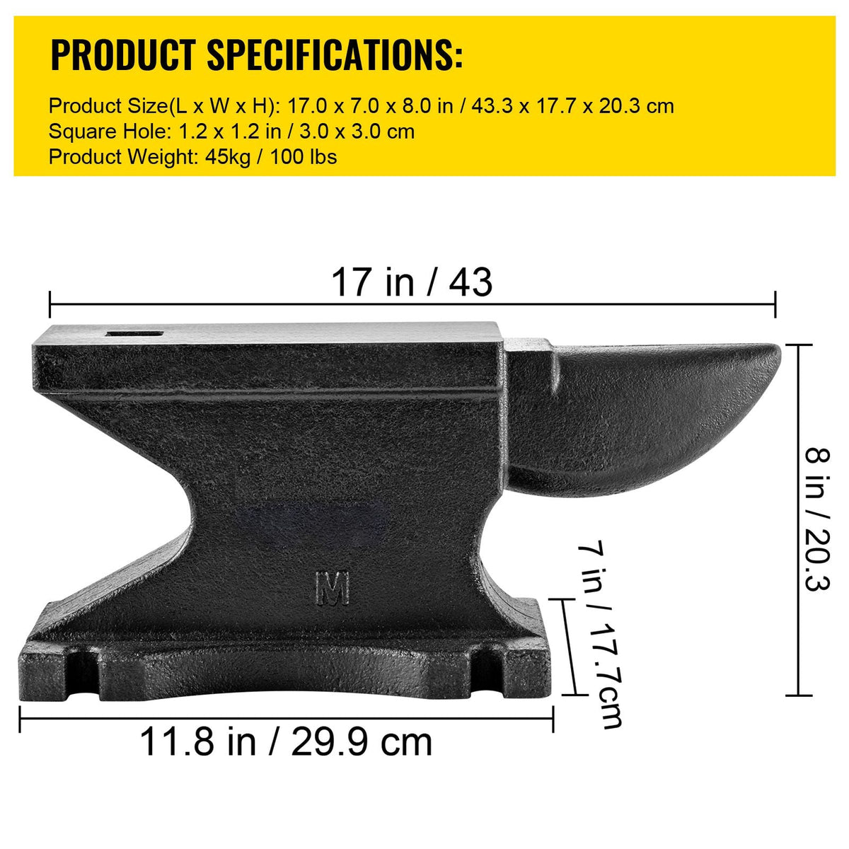 Cast Iron Anvil, 100 Lbs/45kg Single Horn Anvil, with 10.4 x 5 in Countertop and Stable Base, High Hardness Rugged Round Horn Anvil Blacksmith, for Shaping, Bending, Twisting