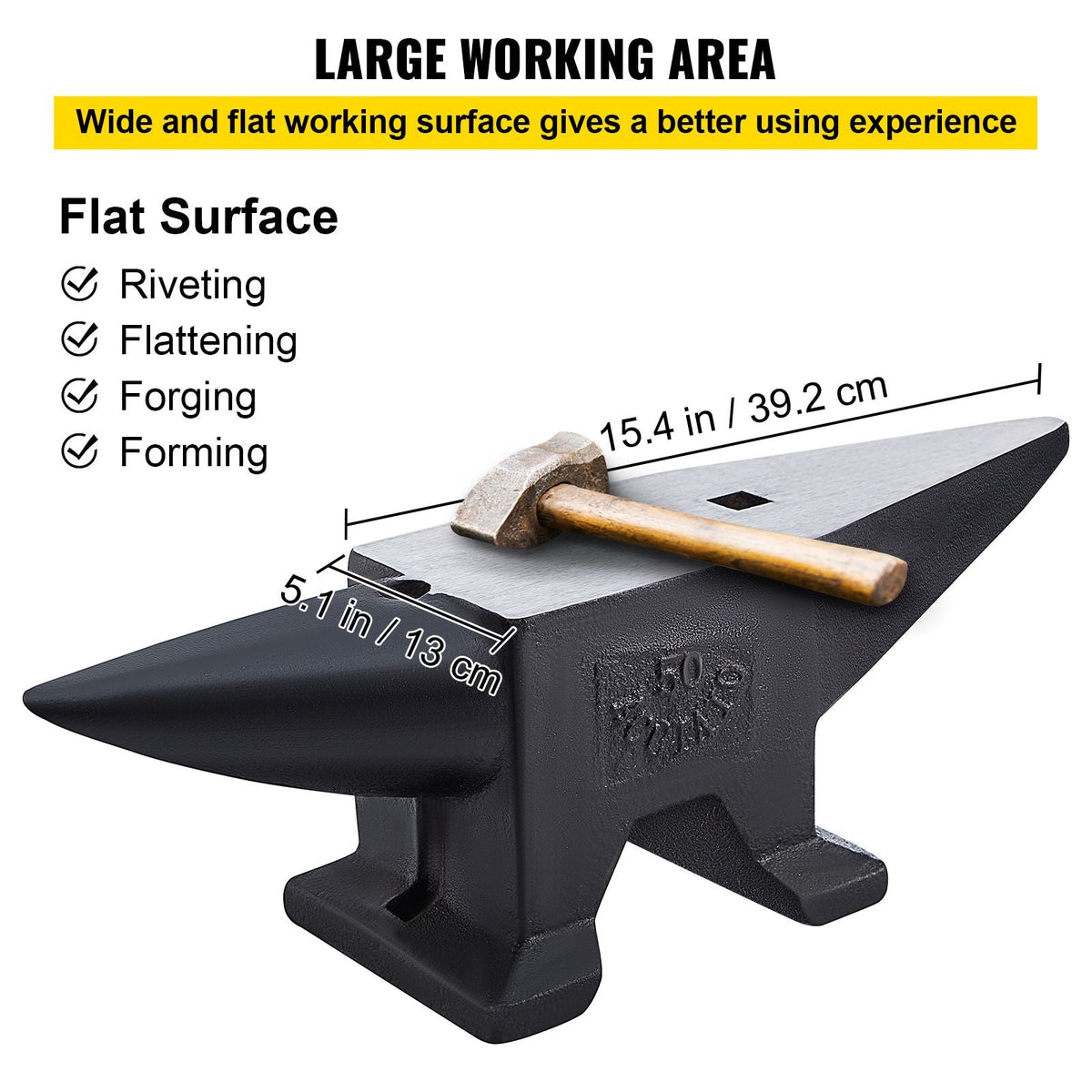 Cast Iron Anvil, 105 Lbs Single Horn Anvil with Large Countertop and Stable Base, High Hardness Rugged Round Horn Anvil Blacksmith, for Bending, Shaping