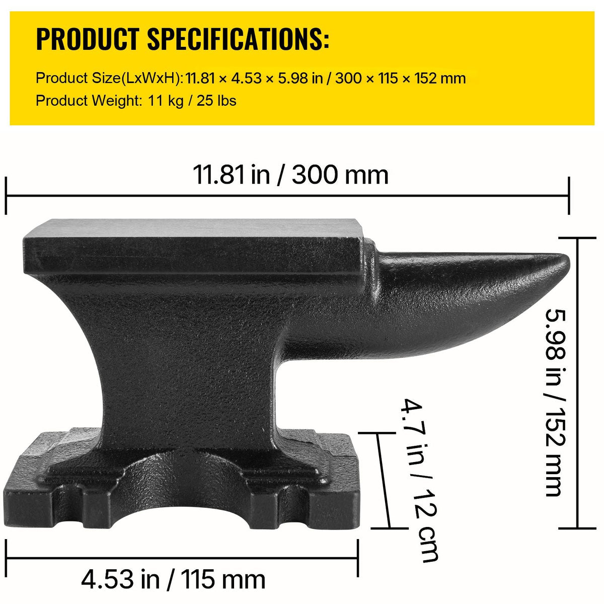 Cast Iron Anvil, 25 Lbs(11kg) Single Horn Anvil with 6.8 x 3.5 inch Countertop and Stable Base, High Hardness Rugged Round Horn Anvil Blacksmith, for Bending, Shaping