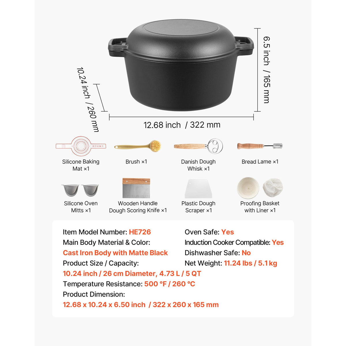 Cast Iron Dutch Oven, 2-in-1 Pre-Seasoned Pot with Skillet Lid, 5QT Cookware Pan with Proofing Basket, Bread Baking Accessories, Bread-Oven Compatible 500Fahrenheit