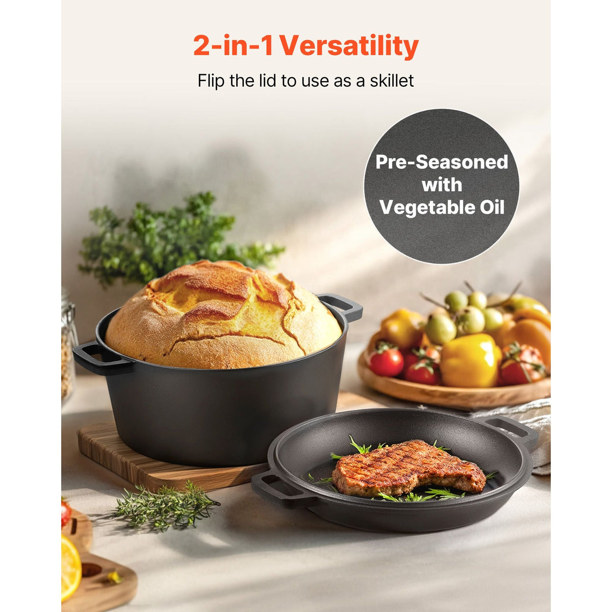 Cast Iron Dutch Oven, 2-in-1 Pre-Seasoned Pot with Skillet Lid, 5QT Cookware Pan with Proofing Basket, Bread Baking Accessories, Bread-Oven Compatible 500Fahrenheit