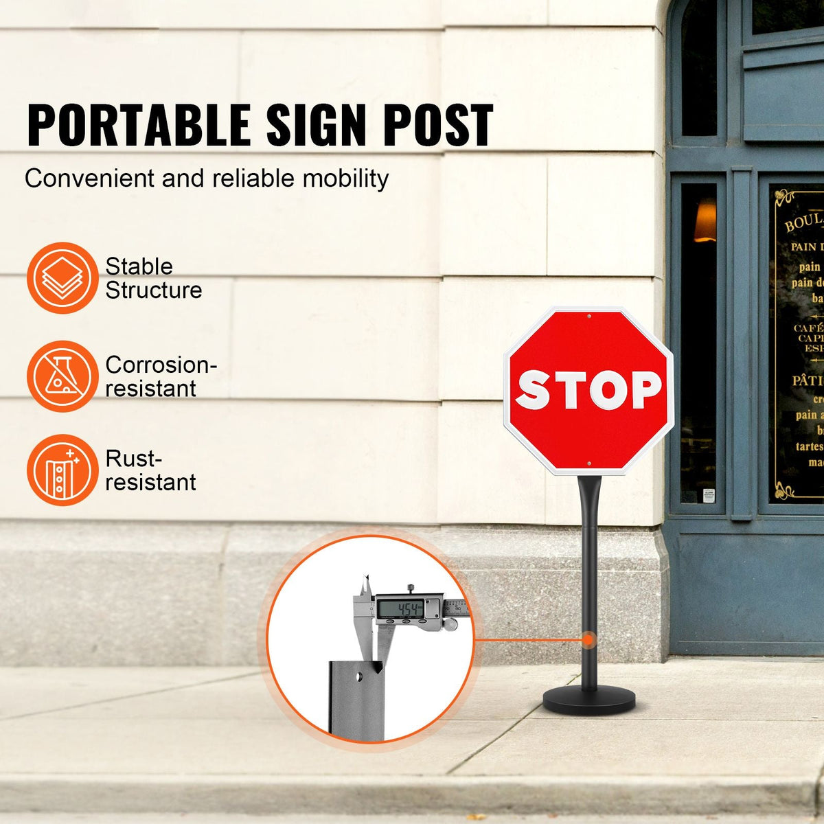 Cast Iron Sign Post, 4 ft Portable Heavy Duty Steel Post Sign Holder with Hard Plastic Base & Wheels, U-Channel Sign Stand for Garden, Courtyard, Farm or Traffic Intersection, Black