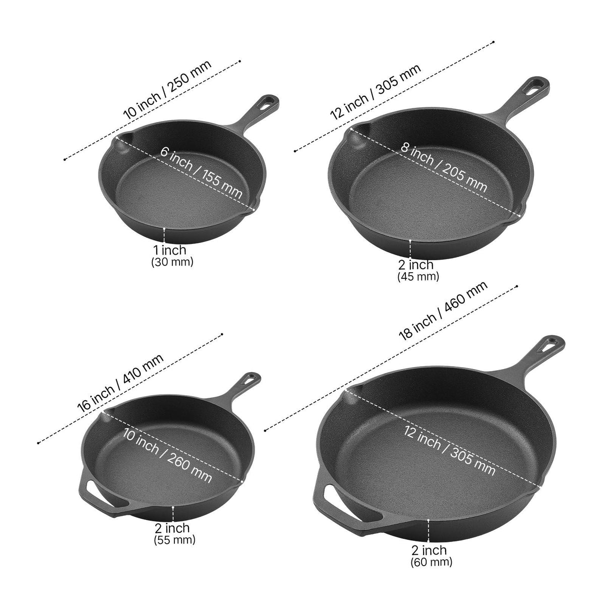 Cast Iron Skillet, 4-Piece Frying Pan Set (6, 8, 10, 12 in), Skillets with Heat-Resistant Silicone Handle, Pre-Seasoned Chef's Pan, Kitchen Cookware, for Oven, Gas, Electrical, Induction, Black