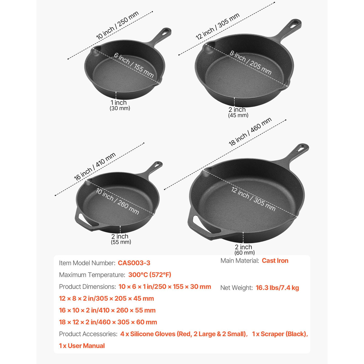 Cast Iron Skillet, 4-Piece Frying Pan Set (6, 8, 10, 12 in), Skillets with Heat-Resistant Silicone Handle, Pre-Seasoned Chef's Pan, Kitchen Cookware, for Oven, Gas, Electrical, Induction, Black