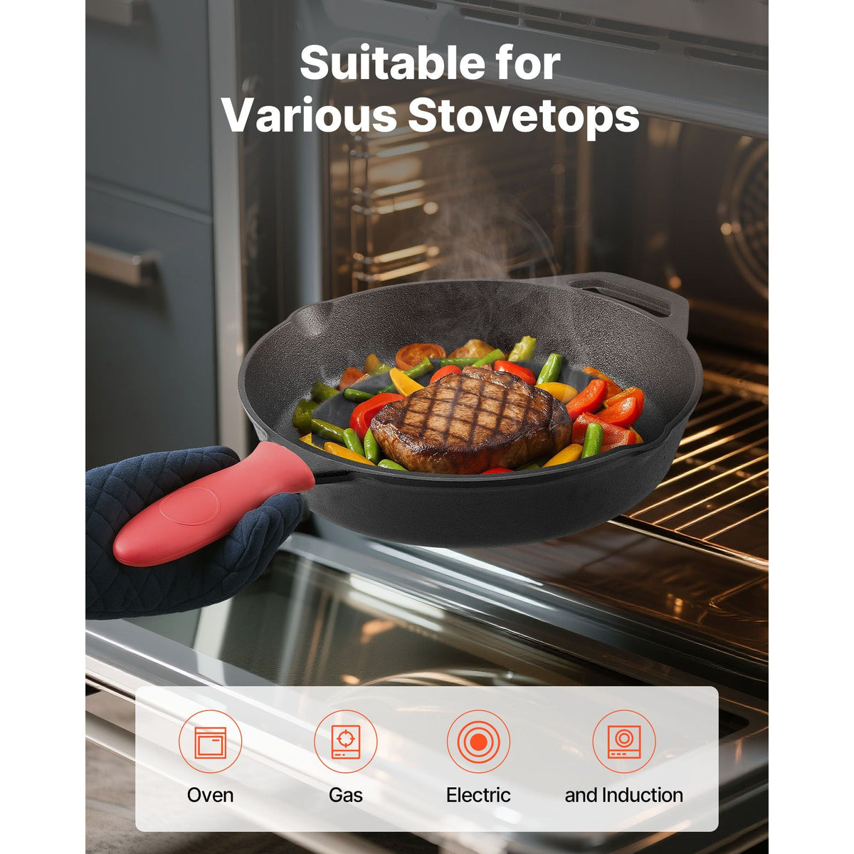 Cast Iron Skillet, 4-Piece Frying Pan Set (6, 8, 10, 12 in), Skillets with Heat-Resistant Silicone Handle, Pre-Seasoned Chef's Pan, Kitchen Cookware, for Oven, Gas, Electrical, Induction, Black