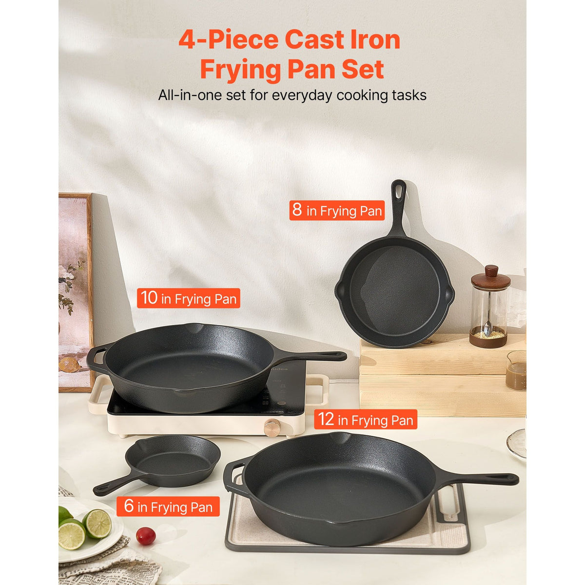 Cast Iron Skillet, 4-Piece Frying Pan Set (6, 8, 10, 12 in), Skillets with Heat-Resistant Silicone Handle, Pre-Seasoned Chef's Pan, Kitchen Cookware, for Oven, Gas, Electrical, Induction, Black