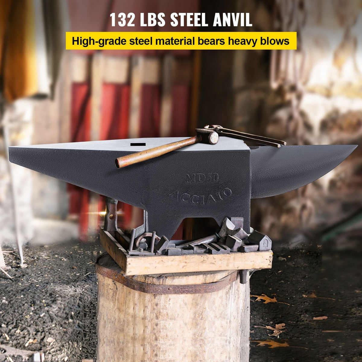 Cast Steel Anvil, 132 Lbs(60kg) Single Horn Anvil with Large Countertop and Stable Base, High Hardness Rugged Round Horn Anvil Blacksmith, for Bending, Shaping