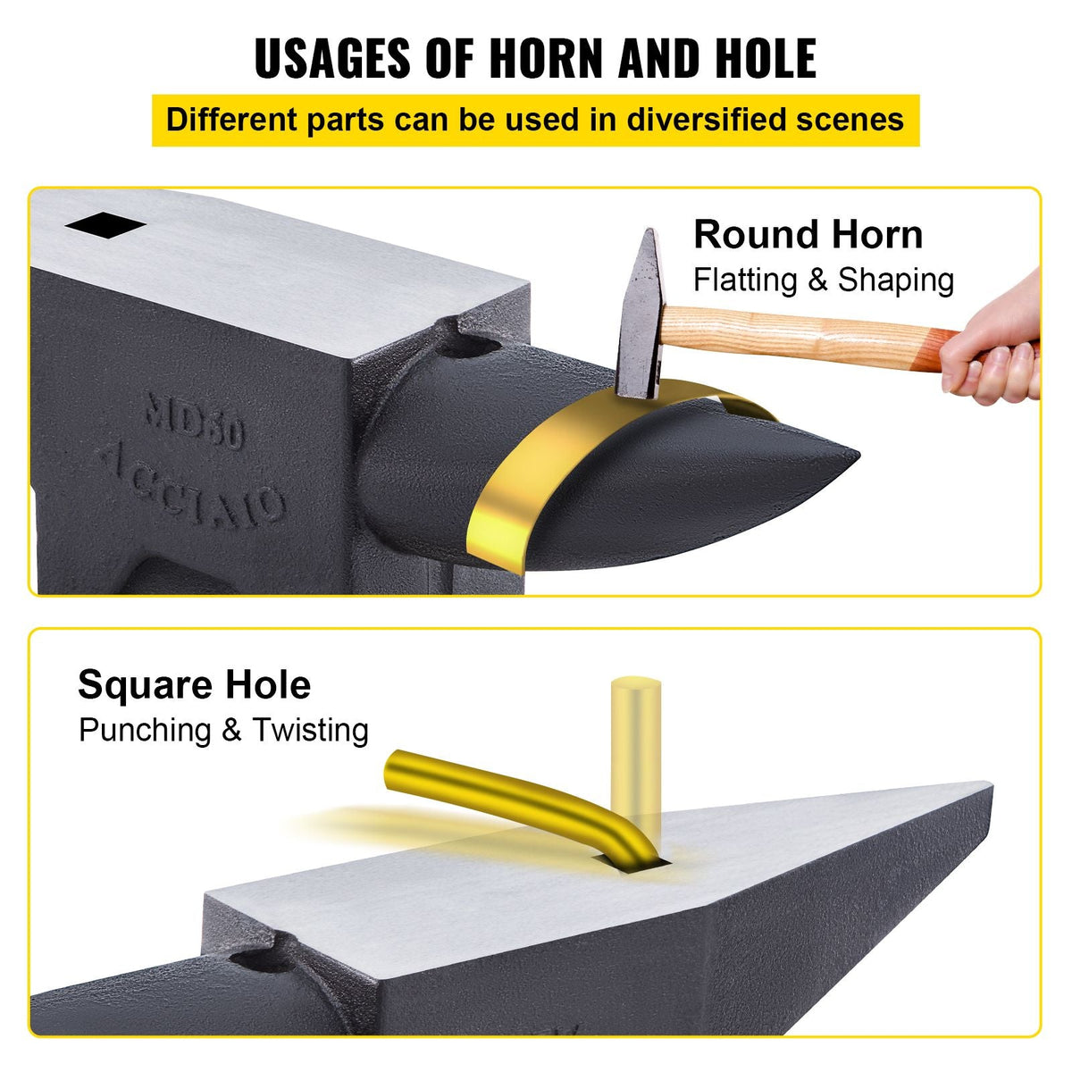Cast Steel Anvil, 132 Lbs(60kg) Single Horn Anvil with Large Countertop and Stable Base, High Hardness Rugged Round Horn Anvil Blacksmith, for Bending, Shaping