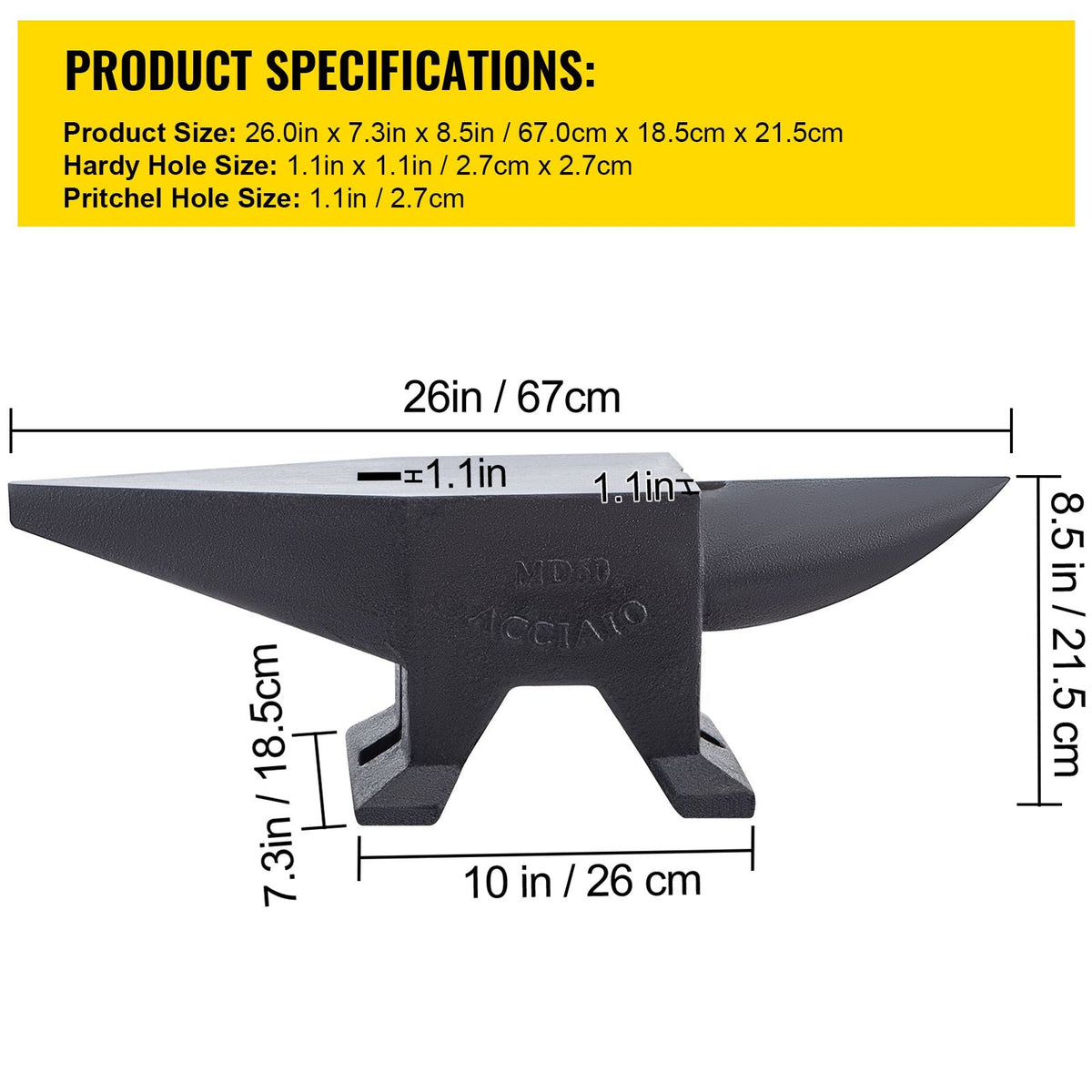 Cast Steel Anvil, 132 Lbs(60kg) Single Horn Anvil with Large Countertop and Stable Base, High Hardness Rugged Round Horn Anvil Blacksmith, for Bending, Shaping