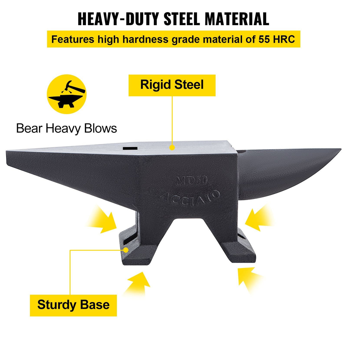 Cast Steel Anvil, 132 Lbs(60kg) Single Horn Anvil with Large Countertop and Stable Base, High Hardness Rugged Round Horn Anvil Blacksmith, for Bending, Shaping