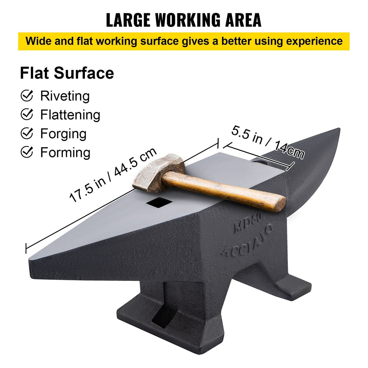 Cast Steel Anvil, 132 Lbs(60kg) Single Horn Anvil with Large Countertop and Stable Base, High Hardness Rugged Round Horn Anvil Blacksmith, for Bending, Shaping