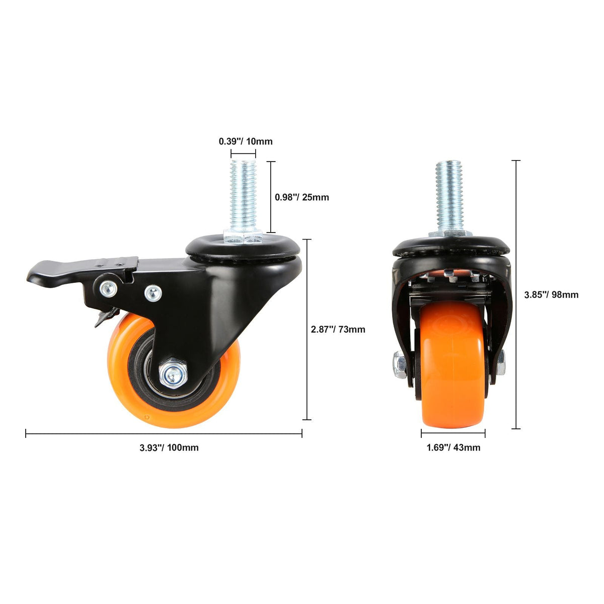 Caster Wheels, 2 inch, Set of 4, 110 lbs Load Capacity, Threaded Stem Casters with Security Dual Locking Brake, Heavy Duty Industrial Casters, No Noise Swivel Caster Wheels for Cart, Furniture