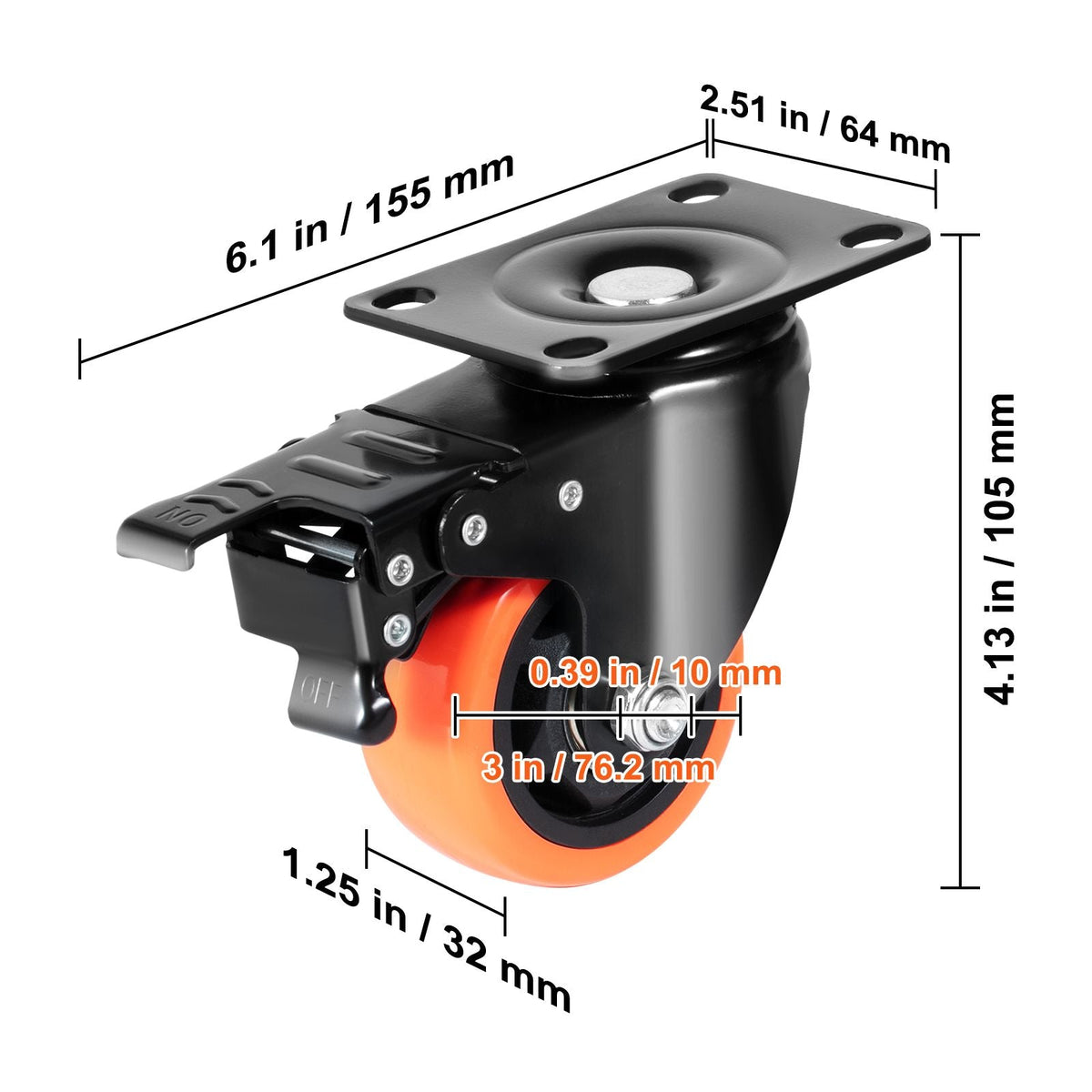 Caster Wheels, 3-inch Swivel Plate Casters, Set of 4, with Security A/B Locking No Noise PVC Wheels, Heavy Duty 250 lbs Load Capacity Per Caster, Non-Marking Wheels for Cart Furniture Workbench