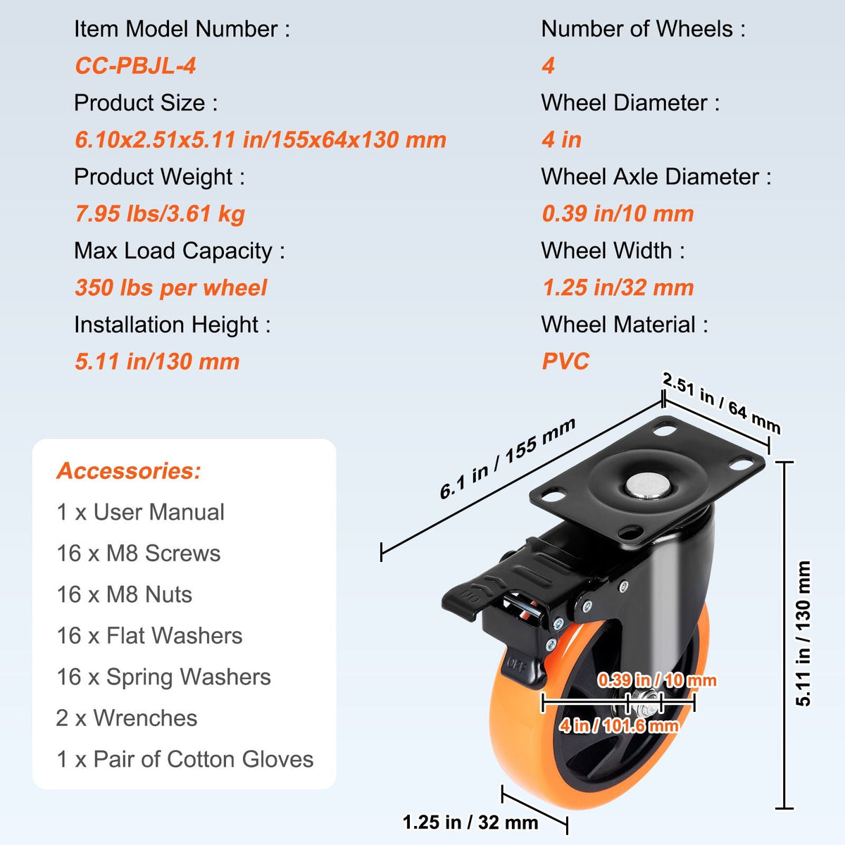 Caster Wheels, 4-inch Swivel Plate Casters, Set of 4, with Security A/B Locking No Noise PVC Wheels, Heavy Duty 350 lbs Load Capacity Per Caster, Non-Marking Wheels for Cart Furniture Workbench