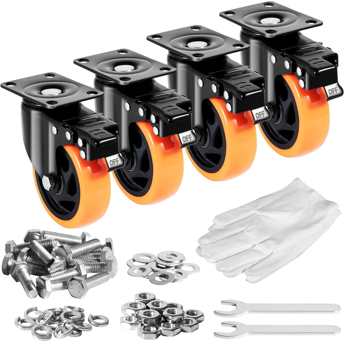 Caster Wheels, 4-inch Swivel Plate Casters, Set of 4, with Security A/B Locking No Noise PVC Wheels, Heavy Duty 350 lbs Load Capacity Per Caster, Non-Marking Wheels for Cart Furniture Workbench