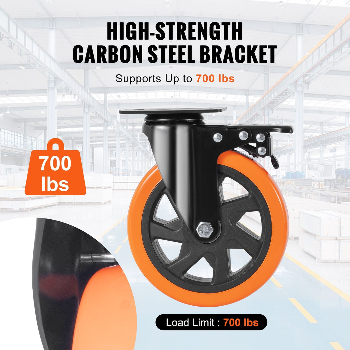 Caster Wheels, 6-inch Swivel Plate Casters, Set of 4, with Security A/B Locking No Noise PVC Wheels, Heavy Duty 700 lbs Load Capacity Per Caster, Non-Marking Wheels for Cart Furniture Workbench