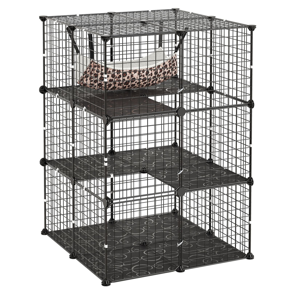 Cat Cage 3-Tier 27.99"x27.99"x40.98" DIY Cat Playpen with Hammock, Indoor Enclosure Detachable Metal Wire Kennel Crate, Large Exercise Place Ideal for 1-2 Cats, Kittens & Small Animals, Black