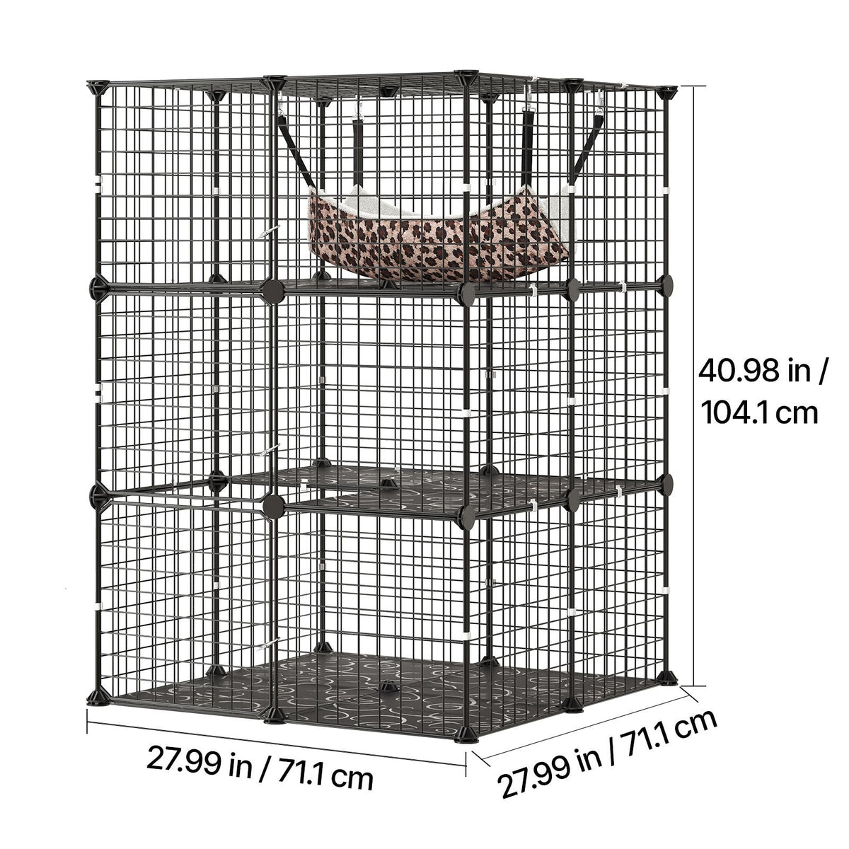 Cat Cage 3-Tier 27.99"x27.99"x40.98" DIY Cat Playpen with Hammock, Indoor Enclosure Detachable Metal Wire Kennel Crate, Large Exercise Place Ideal for 1-2 Cats, Kittens & Small Animals, Black