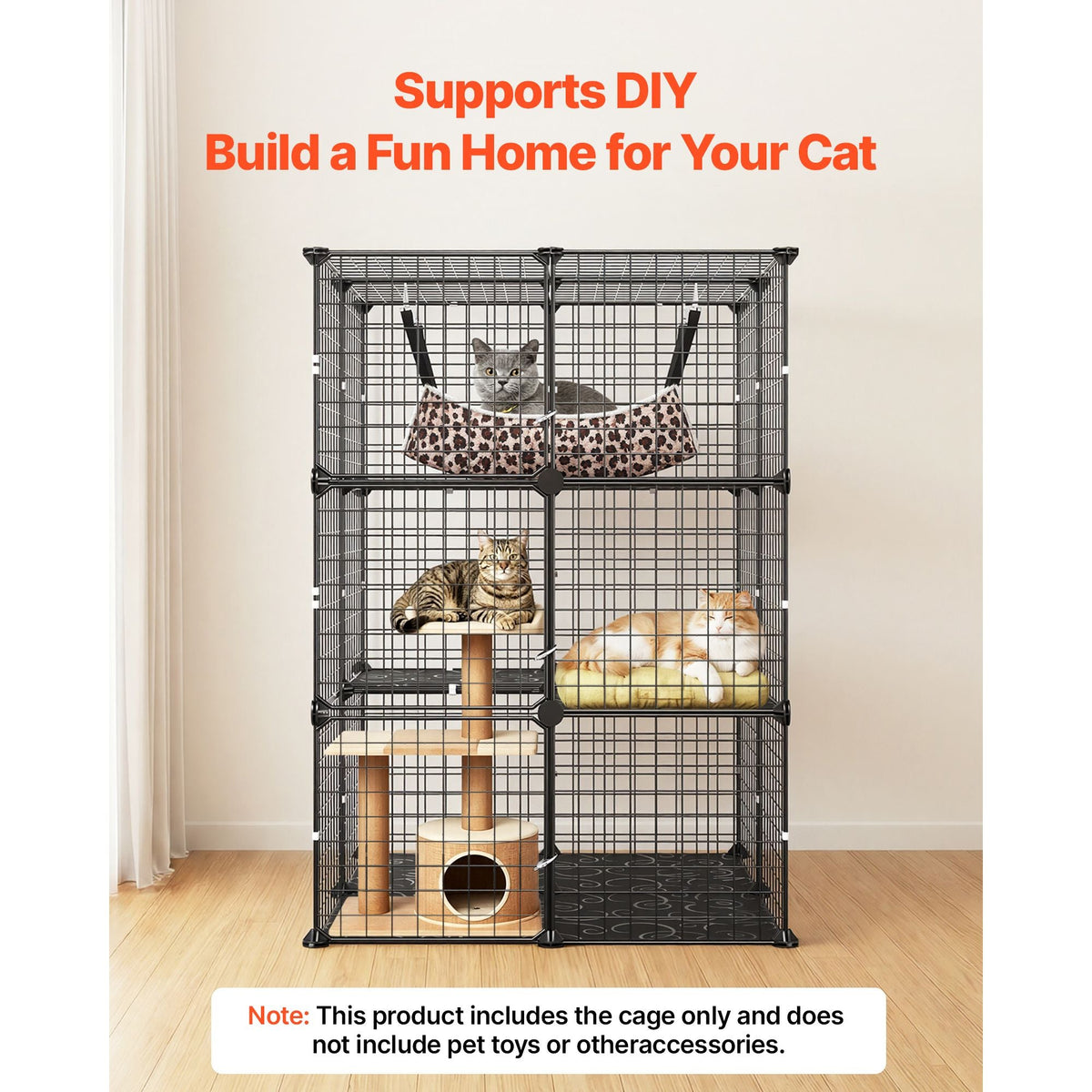 Cat Cage 3-Tier 27.99"x27.99"x40.98" DIY Cat Playpen with Hammock, Indoor Enclosure Detachable Metal Wire Kennel Crate, Large Exercise Place Ideal for 1-2 Cats, Kittens & Small Animals, Black