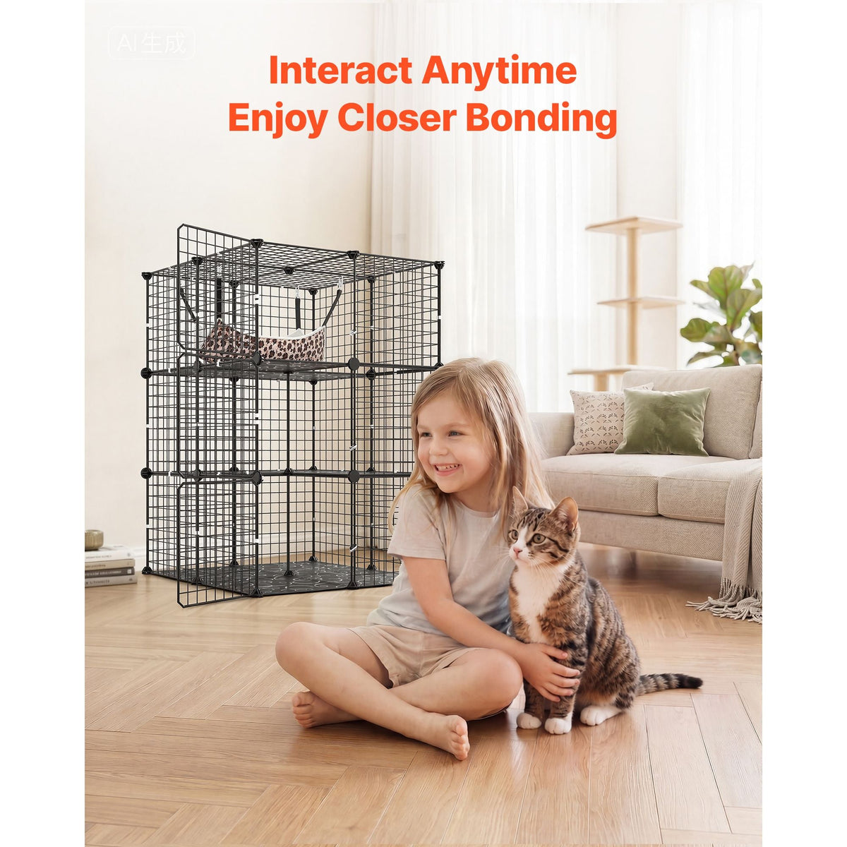 Cat Cage 3-Tier 27.99"x27.99"x40.98" DIY Cat Playpen with Hammock, Indoor Enclosure Detachable Metal Wire Kennel Crate, Large Exercise Place Ideal for 1-2 Cats, Kittens & Small Animals, Black