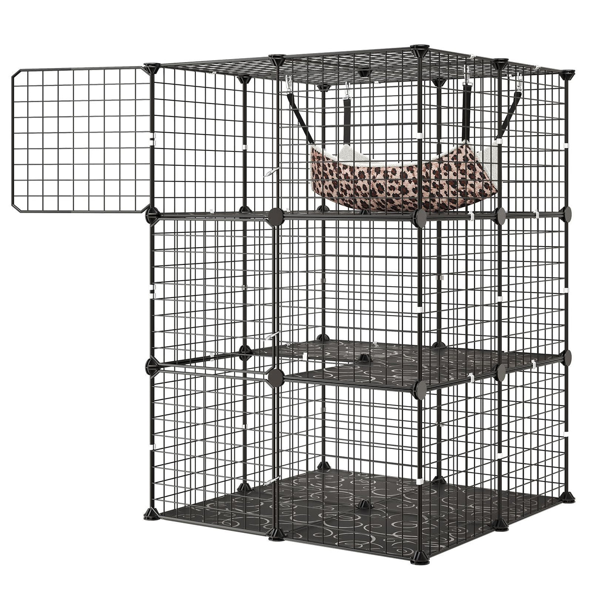 Cat Cage 3-Tier 27.99"x27.99"x40.98" DIY Cat Playpen with Hammock, Indoor Enclosure Detachable Metal Wire Kennel Crate, Large Exercise Place Ideal for 1-2 Cats, Kittens & Small Animals, Black