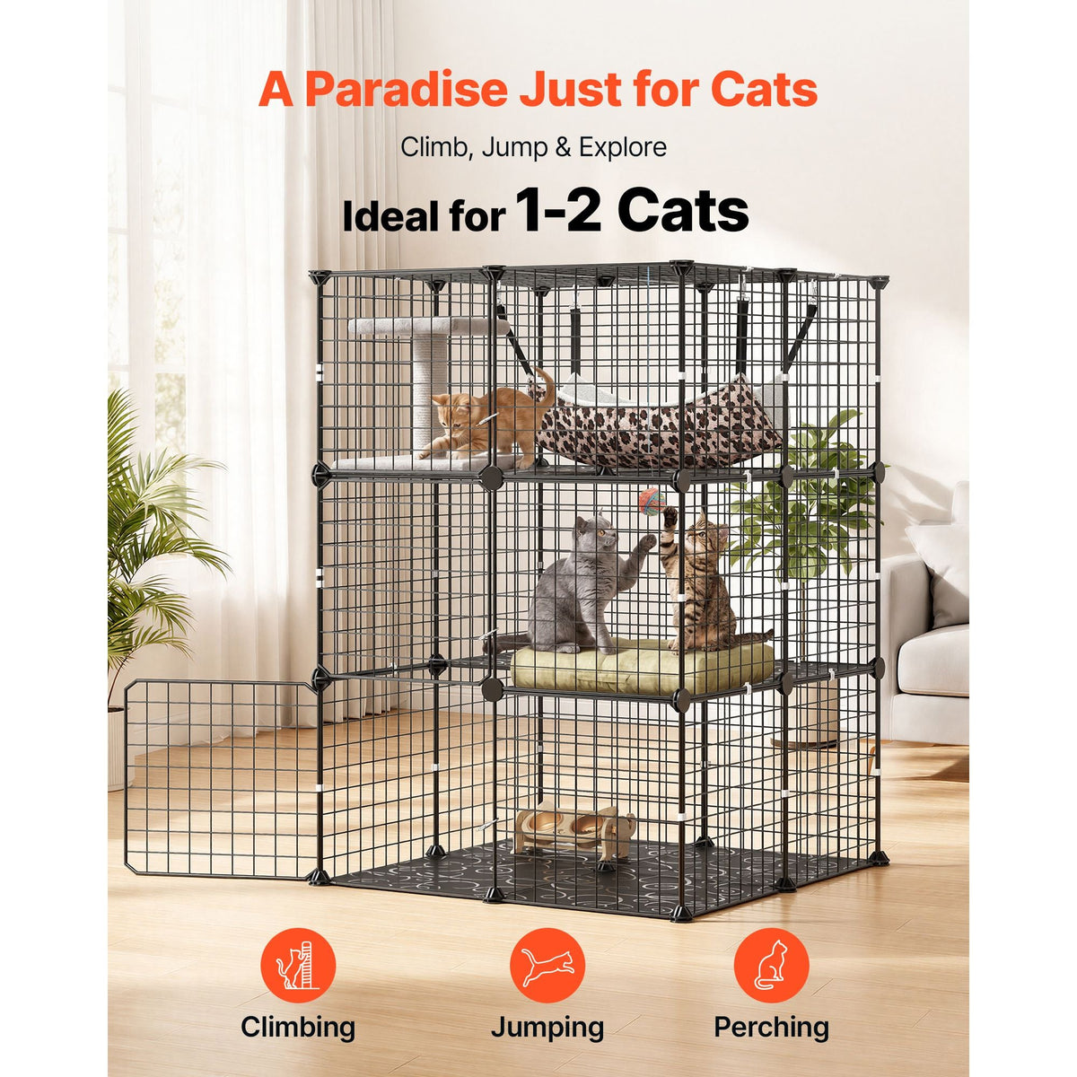 Cat Cage 3-Tier 27.99"x27.99"x40.98" DIY Cat Playpen with Hammock, Indoor Enclosure Detachable Metal Wire Kennel Crate, Large Exercise Place Ideal for 1-2 Cats, Kittens & Small Animals, Black