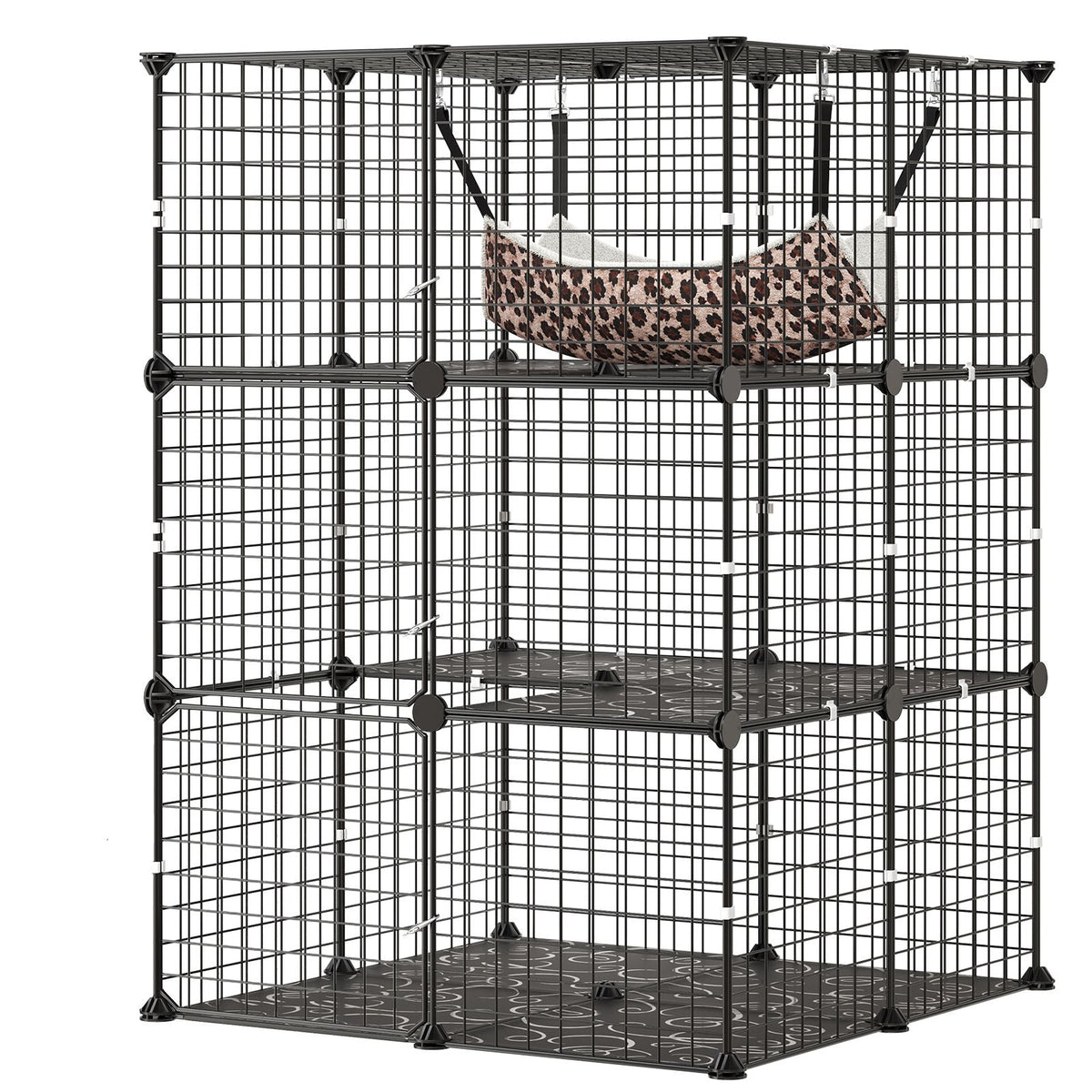 Cat Cage 3-Tier 27.99"x27.99"x40.98" DIY Cat Playpen with Hammock, Indoor Enclosure Detachable Metal Wire Kennel Crate, Large Exercise Place Ideal for 1-2 Cats, Kittens & Small Animals, Black