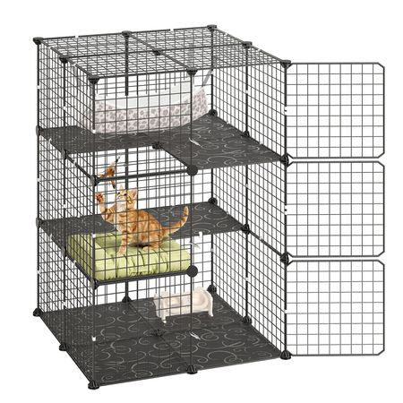 Cat Cage 3-Tier 27.99"x27.99"x40.98" DIY Cat Playpen with Hammock, Indoor Enclosure Detachable Metal Wire Kennel Crate, Large Exercise Place Ideal for 1-2 Cats, Kittens & Small Animals, Black