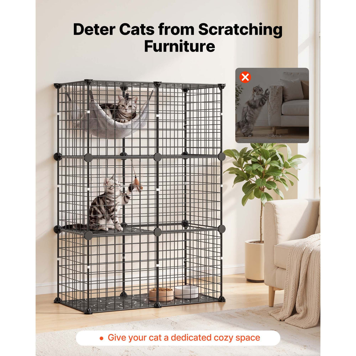 Cat Cage 3-Tier 28"x13.98"x40.98" DIY Cat Playpen Indoor Enclosure, Detachable Metal Wire Kennel Crate, Large Exercise Place Ideal for 1-2 Cats, Kittens, Rabbits, Ferrets & Small Animals, Black