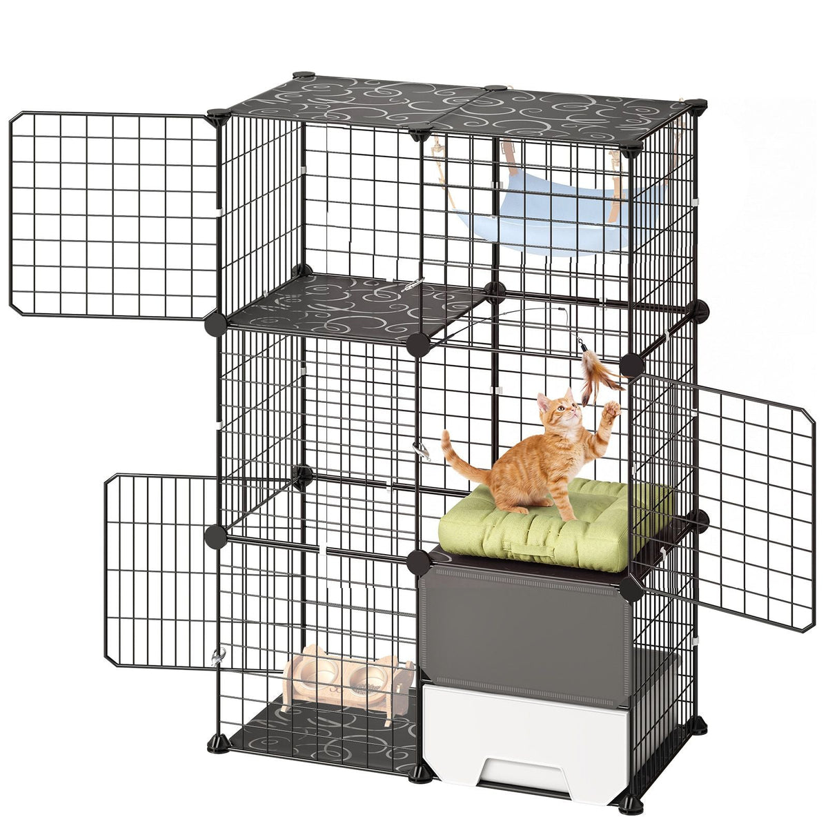 Cat Cage 3-Tier 28"x17.91"x40.98" DIY Cat Playpen with Litter Box, Indoor Enclosure Detachable Metal Wire Kennel Crate, Large Exercise Place Ideal for 1-2 Cats, Kittens & Small Animals, Black